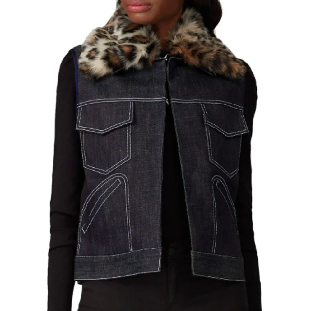 Harvey Faircloth Detachable Leopard Collar Denim Vest Size Large